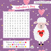 Valentine's Day word search puzzle with cute sheep. Educational page for learning English. Find hidden words. Crossword for kids. Brain training game for memory. Suitable for social media post.