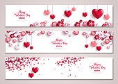 Happy Valentine's Day horizontal banners set. Vector illustration. Holiday brochure design for corporate greeting cards, love creative concept, gift voucher, invitation. Place for your text message. Valentine tree with hearts.