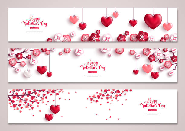 Valentines horizontal banners, tree with hearts Happy Valentine's Day horizontal banners set. Vector illustration. Holiday brochure design for corporate greeting cards, love creative concept, gift voucher, invitation. Place for your text message. Valentine tree with hearts. february stock illustrations