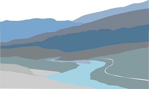 Valley Rivers A vector silhouette illustration of a valley landscape with a winding river below blue mountain ranges. river silhouettes stock illustrations