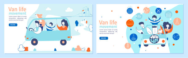 ilustrações de stock, clip art, desenhos animados e ícones de van life movement hand drawn landing page templates set - family car
