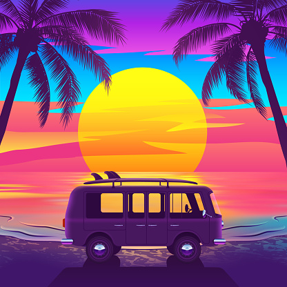 Tropical beach with a van and palm trees at a beautiful sunset in bright colors. Van with surfboard on beautiful Tropical Beach. Vector illustration.