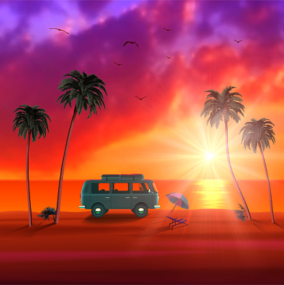 Van with Surfboard on Beautiful Tropical Beach with Palm Trees and Sunset