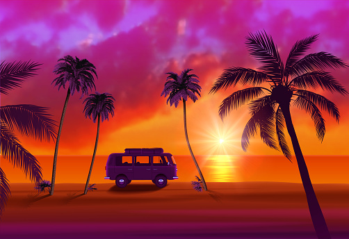 Van with Surfboard on Beautiful Tropical Beach with Palm Trees and Sunset