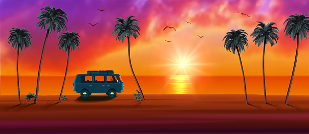Tropical beach with a van and palm trees at a beautiful sunset in bright colors. Van on beautiful Tropical Beach. Vector illustration.