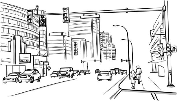 Vancouver Street Busy street and sidewalk of Vancouver city in Canada traffic designs stock illustrations
