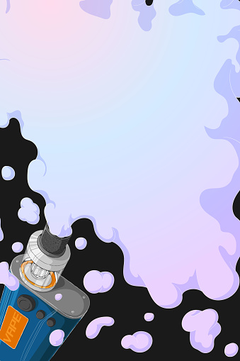Vape mod with Rebuildable Dripping Tank Atomizer and cloud of vapor. Background with E-cigarette art and place for text. Vector illustration in cartoons style. Vertical banner with trendy vaping art.