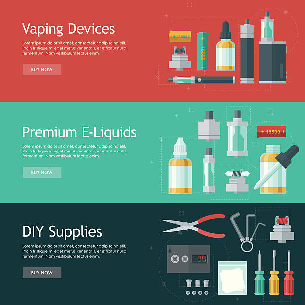 Vape Shop Banners Icon Set A set of vape shop icons, arranged into three different web banner designs. Download includes an AI10 EPS and a high resolution JPEG. electronic cigarette stock illustrations