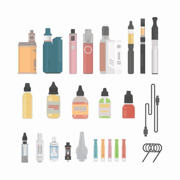 Vaping cigarette set. Vaping cigarette set. Vaping devices and liquids. Alternative smoking. New trend. electronic cigarette stock illustrations