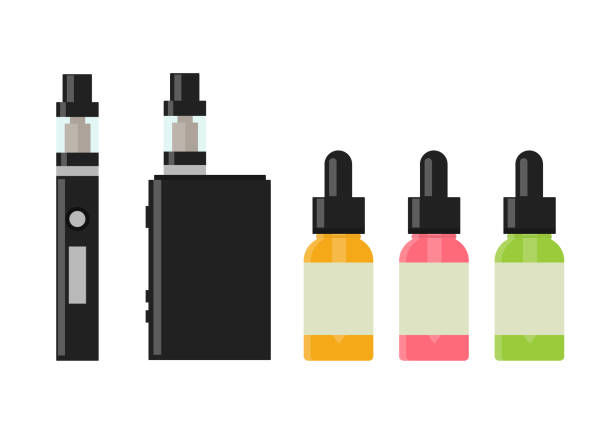 Vaping device and accessory. Electronic cigarette and bottles with vape liquid. Vaping device and accessory. Electronic cigarette and bottles with vape liquid. e- liquid, e-juice. Mockup of Vape bottle with liquid. Isolated vector illustration on white background. electronic cigarette stock illustrations