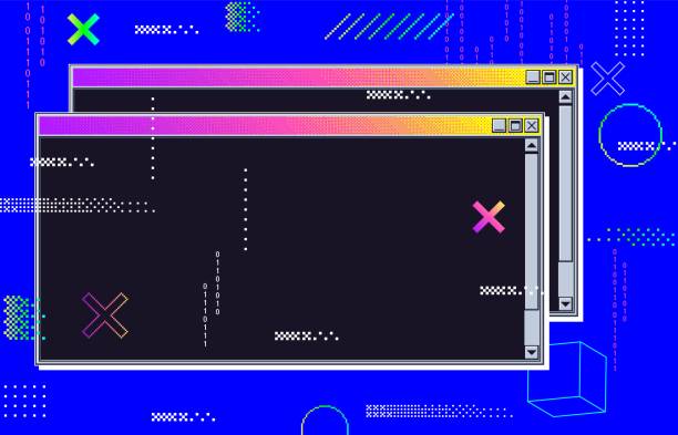 ilustrações, clipart, desenhos animados e ícones de vaporwave cyberpunk falha fundo retrofuturista com janelas abertas. interface do usuário com cor neon - coding