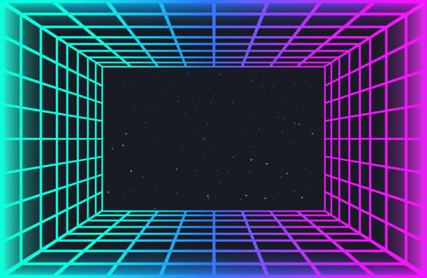 Vaporwave retro futuristic background. Abstract laser grid tunnel in neon colors with glow effect. Night sky with stars. Wallpaper for cyberpunk party, music poster, hackathon meeting. Vaporwave retro futuristic background. Abstract laser grid tunnel in neon colors with glow effect. Night sky with stars. Wallpaper for cyberpunk party, music poster, hackathon meeting. hackathon stock illustrations