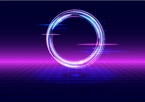 Vaporwave style. Retrofuturistic landscape with perspective grid and glowing circle. Background synth and vaporwave style for electronic music, posters and wallpaper. Vaporwave style. Retrofuturistic landscape with perspective grid and glowing circle. Background synth and vaporwave style for electronic music, posters and wallpaper vaporwave stock illustrations