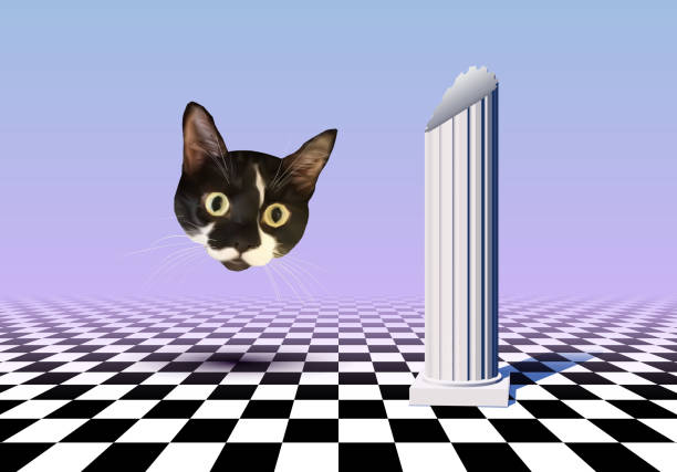 ilustraciones, imágenes clip art, dibujos animados e iconos de stock de paisaje estilo vaporwave con suelo a cuadros, columna antigua y cabeza de gato - cat vaporwave