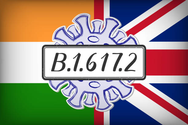 Variant of concern B.1.617.2, one of the three sublineages of the Indian variant B.1.617. Handwritten on a scratched sign. With half Indian and half British flag in the background. Symbolizes the spread of the Indian covid-19 mutation in England. covid variant stock illustrations