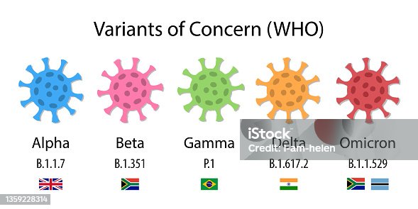 istock Variants of Concern, illustrations of coronaviruses. WHO labels from the Greek alphabet: alpha, beta, gamma, delta and omicron, scientific labels (Pango lineage) and flags of the countries where they were first detected. 1359228314