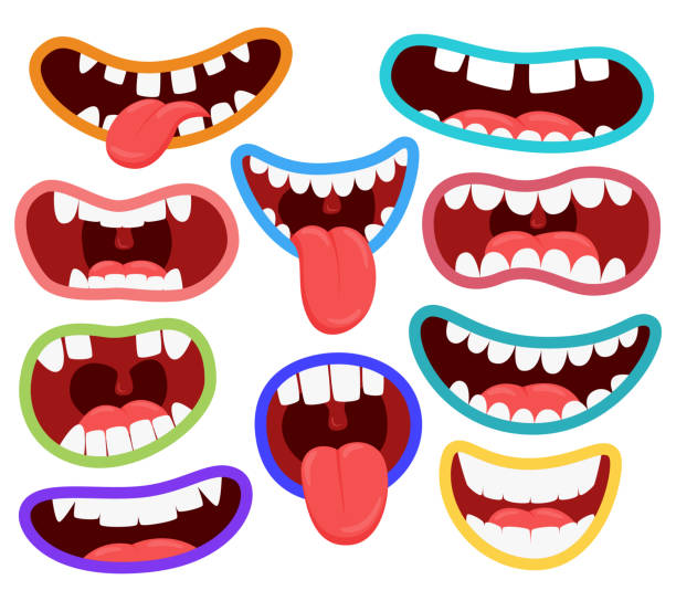 Variations of the mouths of monsters. Funny mouths with teeth and tongue sticking out. A set of different mouths. Children's entertainment color illustration. Vector elements isolated on white. Variations of the mouths of monsters. Funny mouths with teeth and tongue sticking out. A set of different mouths. Children's entertainment color illustration. Vector elements isolated on white mouth open stock illustrations