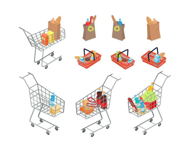 stockillustraties, clipart, cartoons en iconen met verscheidenheid van tassen en trolleys in de supermarkt. - soda supermarket