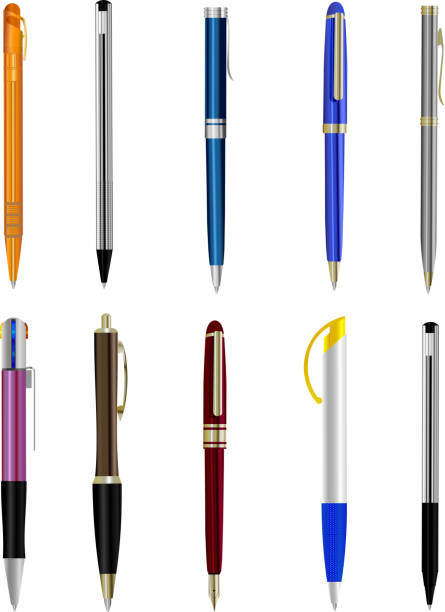 Variety of pens arranged on a white background Pens Illustration. ballpoint pen stock illustrations