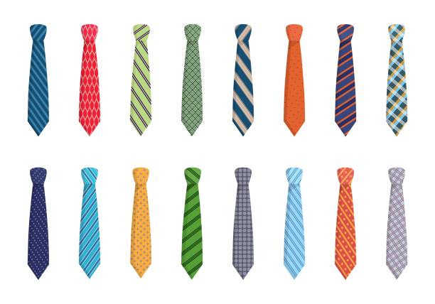 Variety of ties set. Elegant blue striped textiles with red checkers pink wavy with green mesh and solid purple festive work piece clothing with trendy design. Vector accessory cartoon. Variety of ties set. Elegant blue striped textiles with red checkers pink wavy with green mesh and solid purple festive work piece clothing. necktie stock illustrations