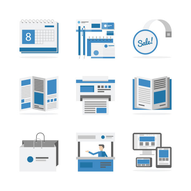 Various advertising materials flat icons set Flat icons set of marketing campaign development, creative product promotion, print advertising materials. Flat design style modern vector illustration concept. Isolated on white background. brochure icons stock illustrations