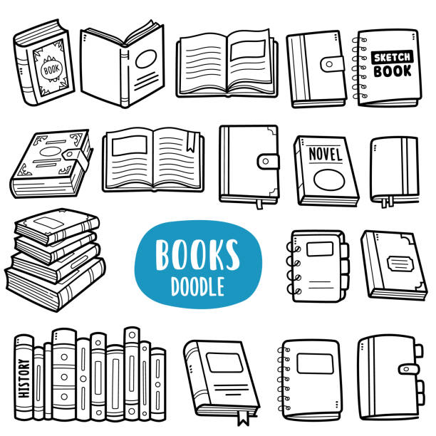 Various Books Doodle Illustration Doodle illustration of various type of books such as old book, sketch book, novel, journal, diary, thick book etc. Black and white line illustration. book clipart stock illustrations