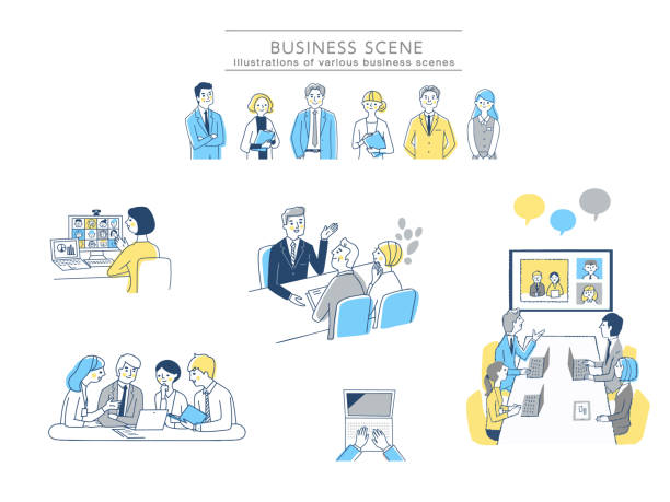 ilustrações de stock, clip art, desenhos animados e ícones de various business scene sets - businessman train working