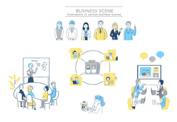 ilustrações de stock, clip art, desenhos animados e ícones de various business scene sets - businessman train working
