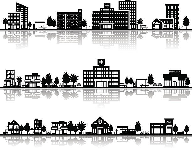 Various city Illustration in the town supermarket silhouettes stock illustrations