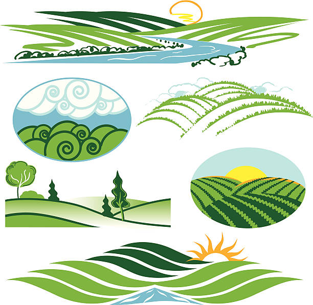 Various depictions of rolling green hills Green hills clip art river clipart stock illustrations