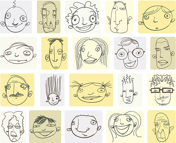Various Doodle Drawings of People's Heads vector art illustration