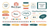 Various feminine cute frames and ribbons for blog set. Modern hand drawn doodle dividers and cute wedding templates vector illustration collection. Graphic decoration and design concept