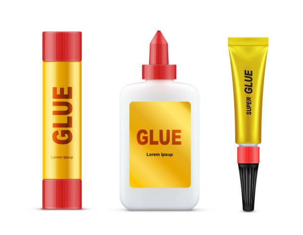 Various glues tubes realistic vector template set Different types of branded glue tubes with gold label and red cap realistic vector set isolated on white background. Paper glue stick, stationery liquid glue and super glue template, product mockup glue stick stock illustrations