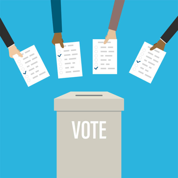 Various hand holds ballot papers. Vote concept banner. Ballot box. Referendum or election campaign background. Various hand holds ballot papers. Vote concept banner. Ballot box. Referendum or election campaign background. Democratic elections. Flat Vector illustration republicanism stock illustrations