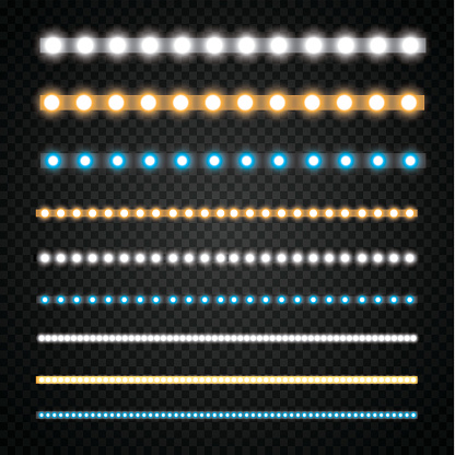 Various LED stripes on a black and transparent background, glowing LED garlands