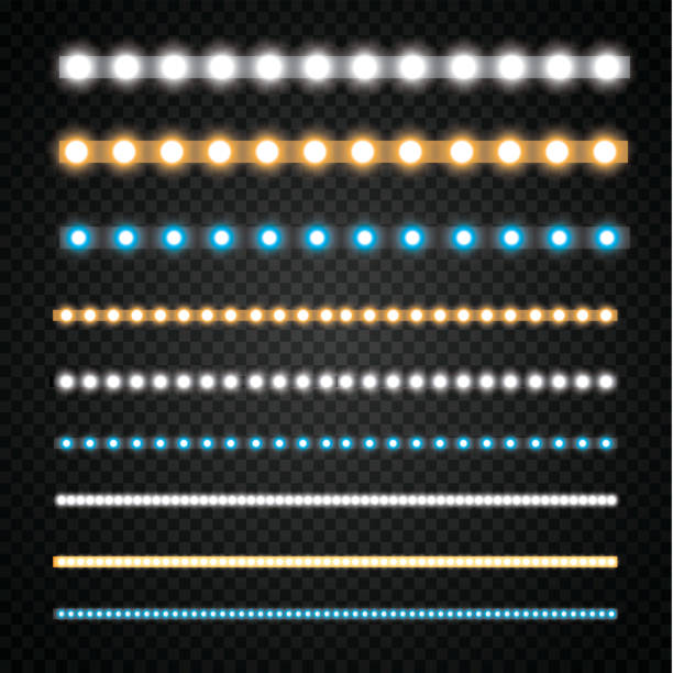 Various LED stripes on a black and transparent background, glowing LED garlands Various LED stripes on a black and transparent background, glowing LED garlands. led light stock illustrations