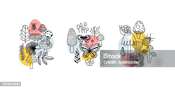 istock Various mushrooms and insects compositions. Linear graphic. Scandinavian minimalist style. Forest elements. Vector illustration. 1323652651