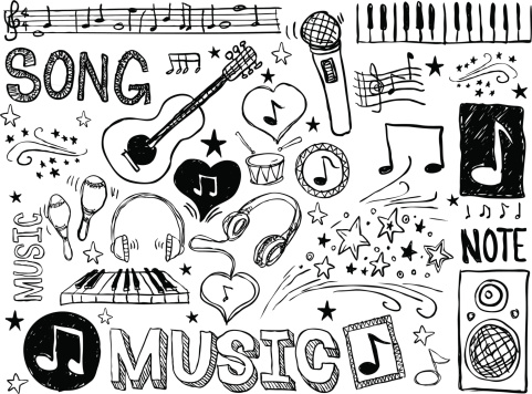 Various musical elements in black and white