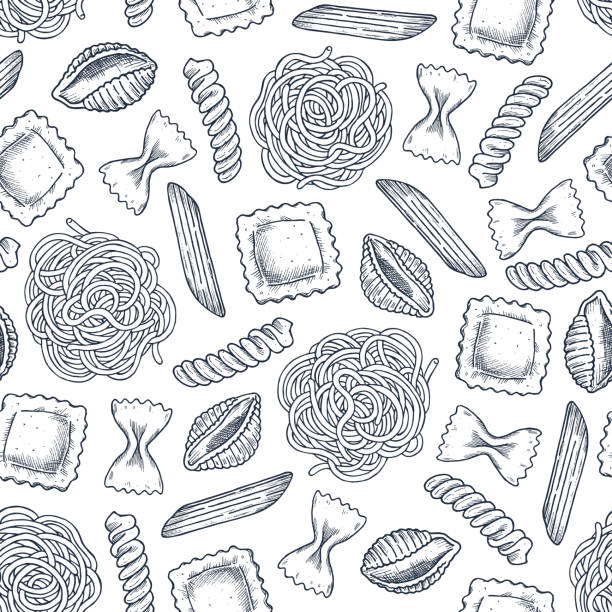 다양 한 파스타 이음새있는 패턴. 인그레이빙 된 스타일 일러스트. 클래식 파스타의 다른 종류. 벡터 일러스트레이션 - pasta stock illustrations