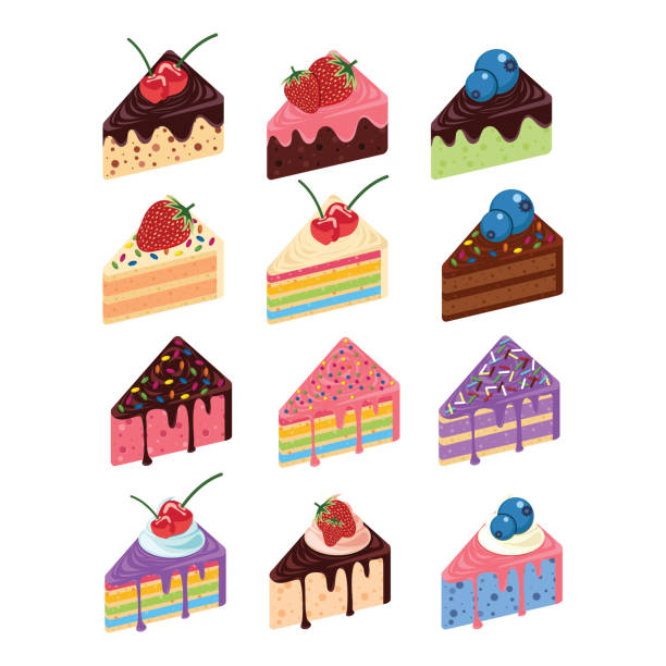 ilustrações de stock, clip art, desenhos animados e ícones de various sponge cake piece sweet fruit snack set - serving a slice of cake