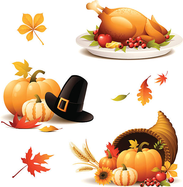 Various Thanksgiving iconographic's on white backdrop - set of thanksgiving turkey, cornucopia, pilgrim hat clip art stock illustrations