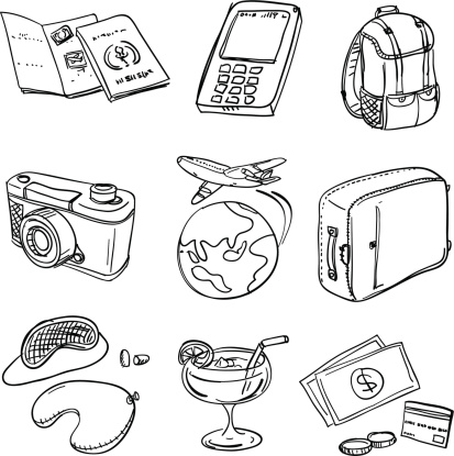 Various travel icons in black and white