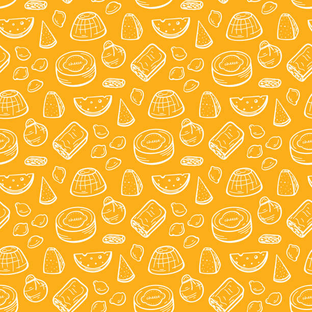 Various Types of Cheese Seamless pattern. Cheese Pieces and Slices Doodle Sketch Vector Background Various Types of Cheese Seamless pattern. Cheese Pieces and Slices Doodle Sketch Vector Background cheese backgrounds stock illustrations