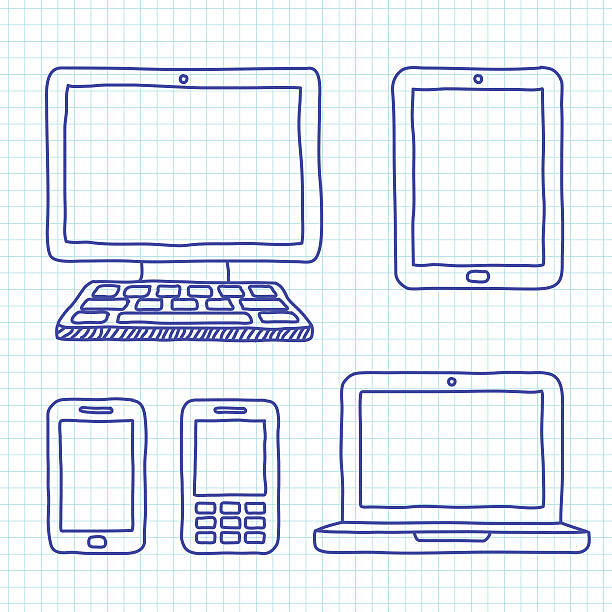 Various types of digital devices drawn Desktop PC, tablet, smart phone, mobile phone and laptop laptop drawings stock illustrations