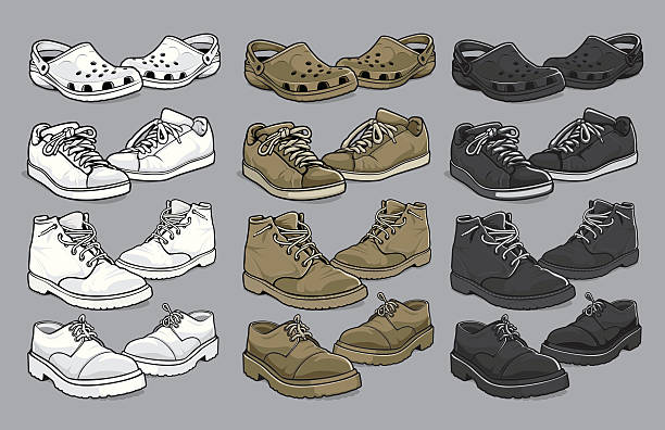 Various vector men's shoes vector illustration of four various styles of men's shoes - croc sandles, tennis - running shoes, work boots, and business-casual in white, tan and black versions. Each shoe has been grouped for easy editing. crocodile stock illustrations