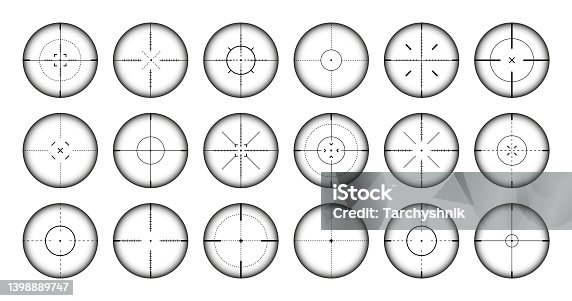 istock Various weapon sights, sniper rifle optical scopes. Hunting gun viewfinder with crosshair. Aim, shooting mark symbol. Military target sign, silhouette. Game interface UI element. Vector illustration 1398889747