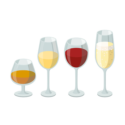 Various wine and cognac in glasses. Grape products, vector illustration isolated on white background.