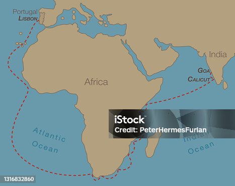 istock Vasco da Gama, Portuguese explorer, his first voyage from Lisbon around Africa to India, discovery of the sea route through the Atlantic and Indian Ocean. Vector map illustration. 1316832860
