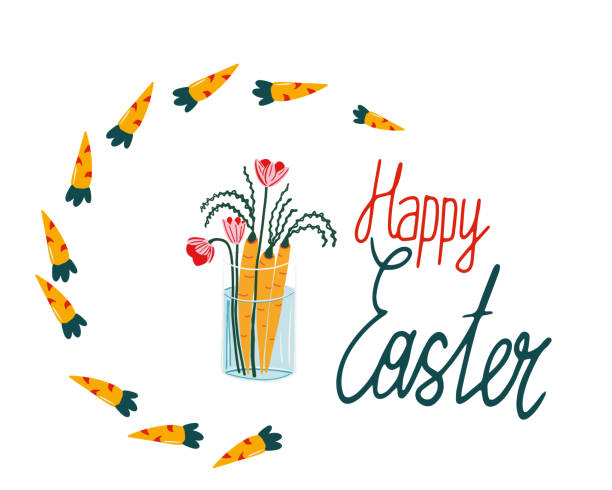 vase with carrot Happy Easter poster with carrot and flowers in vase. Vector illustration for greeting cards, decorations of windows, clothes, banners, flyers, web sites easter sunday stock illustrations