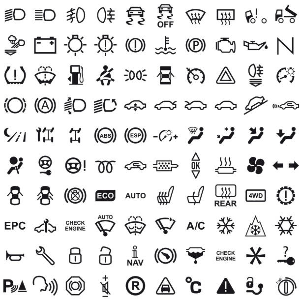 Vector 100 Car Dashboard Icons Eps10 vector illustration with layers (removeable) and high resolution jpeg file included (300dpi). car symbols stock illustrations